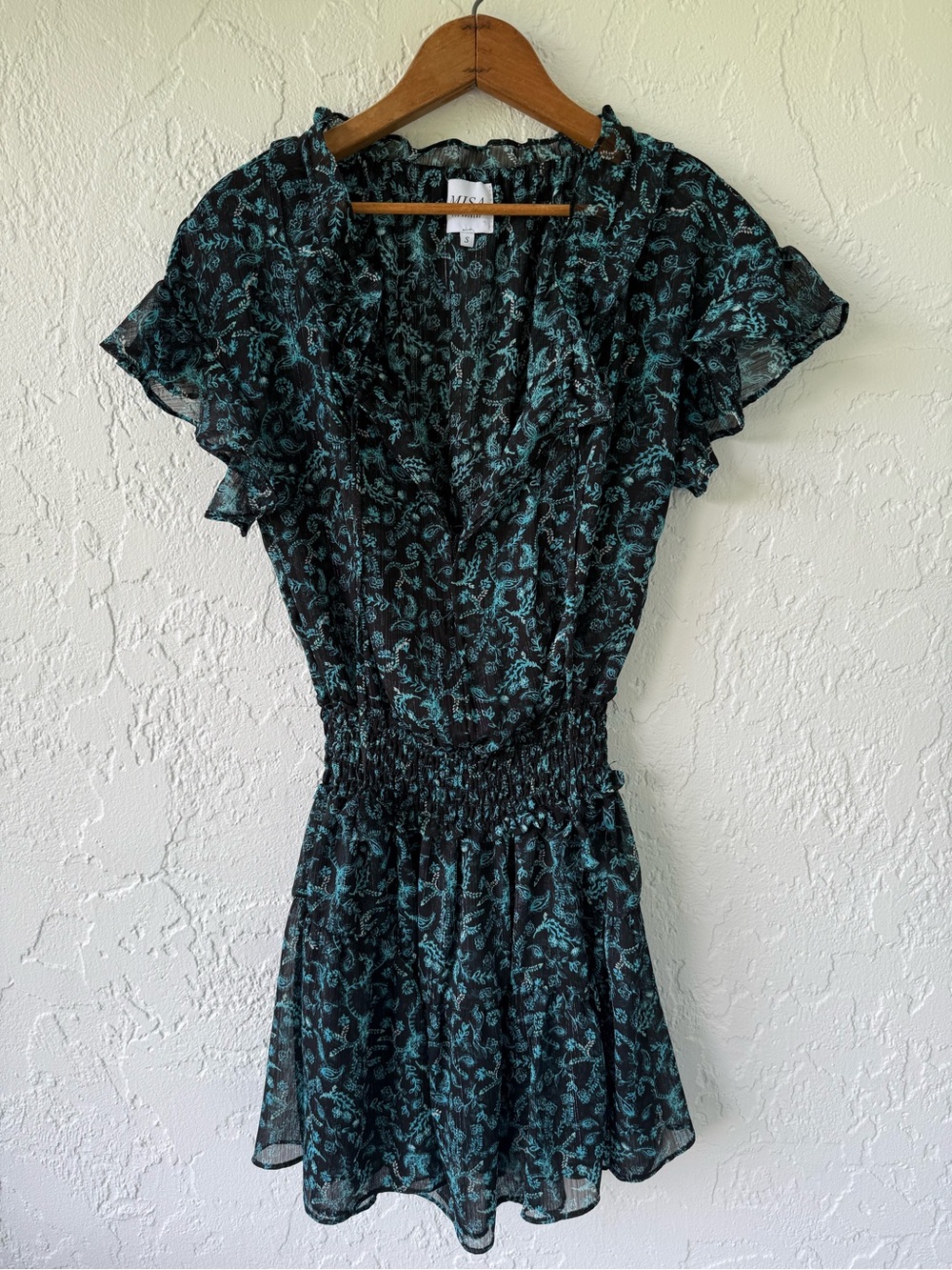 Misa Los Angeles Black Dress with Teal Floral Ruffle Details sz S